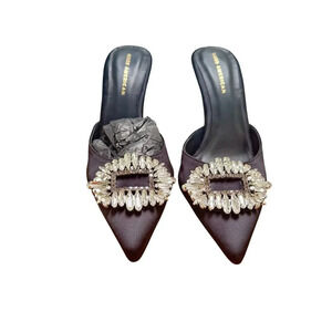 New GOOD AMERICAN Jeweled Glass Slipper Black Satin 4" Heel Mules Women's 9.5‎